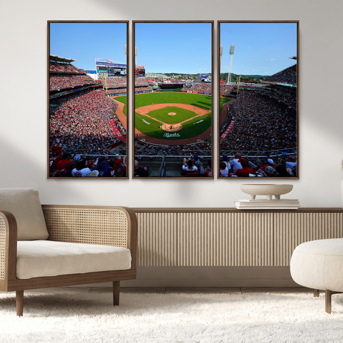90998-MGV-FC-48X32-3P_Walnut-Baseball Stadium Wall Art – Canvas Print Day Game Field Packed Crowd Bright Blue Sky Sports Photography, Classic Decor for Game