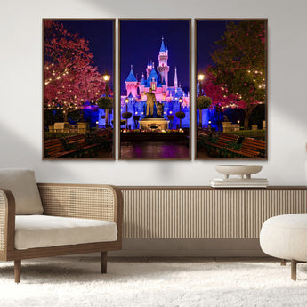 79435-MGV-FC-48X32-3P_Walnut-Disney Castle Wall Art Canvas Print, Framed Magic Kingdom Art Picture Print, Disney World Perfect Child Room Decor Artwork