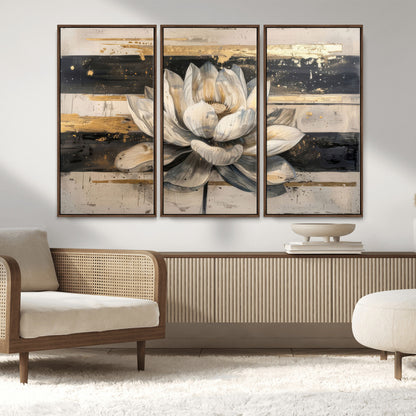 18807-MGV-FC-48X32-3P_Walnut-Lotus Flower Wall Art Canvas Print, Framed Abstract Lotus Art Picture Print, White Lotus Flower Perfect Abstract Floral Decor
