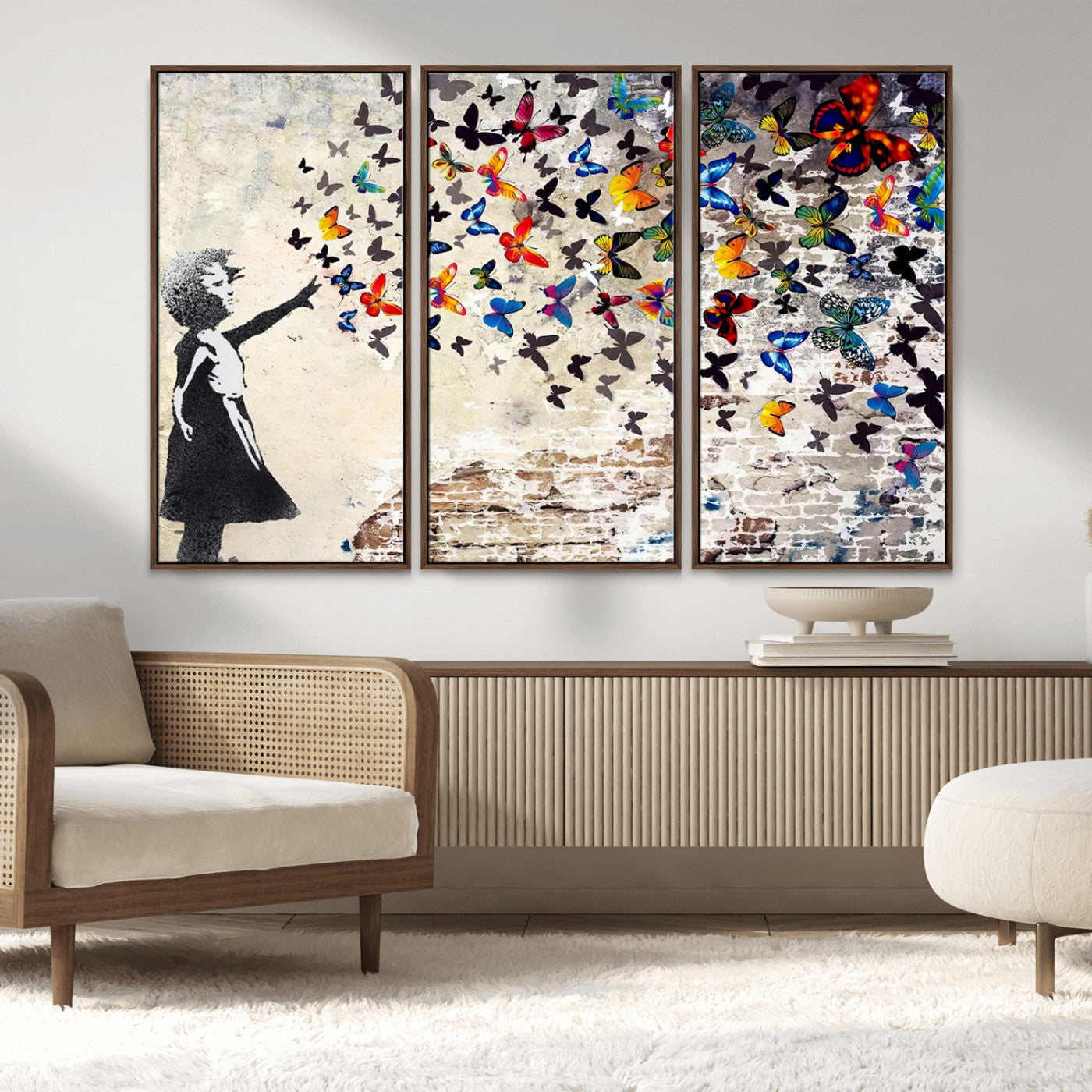 97895-MGV-FC-48X32-3P_Walnut-Girl with Butterflies Wall Art – Colorful Street Art Style Canvas Print, Modern Graffiti-Inspired Butterfly Artwork for Living