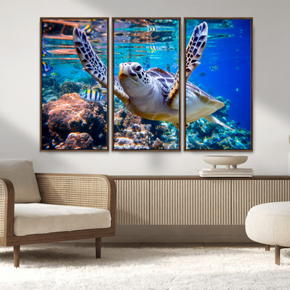 12683-MGV-CV-36X24-Sea Turtle Wall Art – Graceful Ocean Canvas Print with Coral Reef and Tropical Fish, Coastal Marine Life Decor for Beach House,