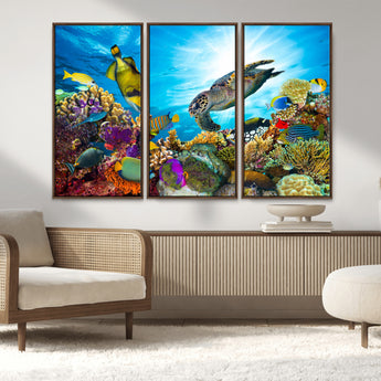44772-MGV-FC-48X32-3P_Walnut-Underwater Sea Turtle Wall Art – Vibrant Coral Reef and Tropical Fish Canvas Print, Ocean Marine Life Decor for Living Room,