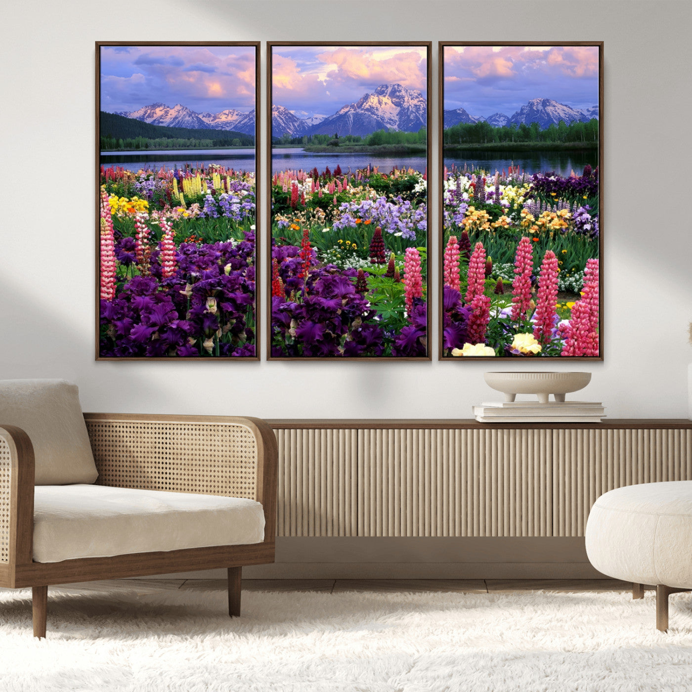 82270-MGV-FC-48X32-3P_Walnut-Colorful Wildflower Meadow Landscape Wall Art – Snow-Capped Mountain Lake Sunset Print, Vibrant Nature Artwork for Living Room,