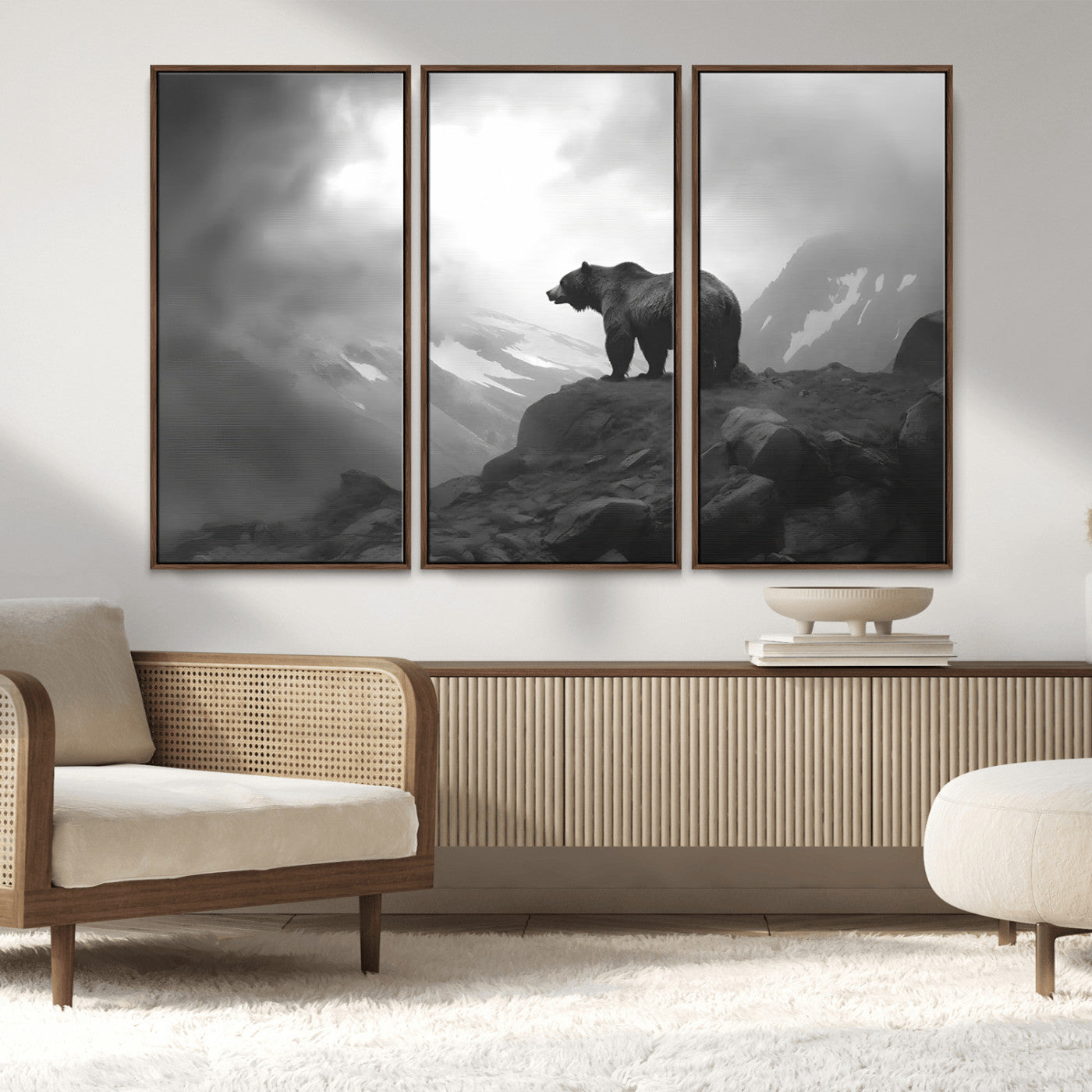 49504-MGV-CV-36X24-Black and White Grizzly Bear Wall Art – Wilderness Wildlife Painting, Rustic Mountain Cabin Decor, Monochrome Animal Print for