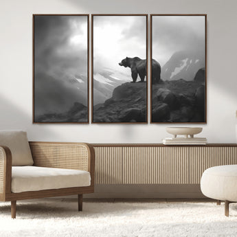 49504-MGV-CV-36X24-Black and White Grizzly Bear Wall Art – Wilderness Wildlife Painting, Rustic Mountain Cabin Decor, Monochrome Animal Print for