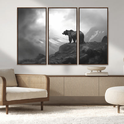 49504-MGV-CV-36X24-Black and White Grizzly Bear Wall Art – Wilderness Wildlife Painting, Rustic Mountain Cabin Decor, Monochrome Animal Print for