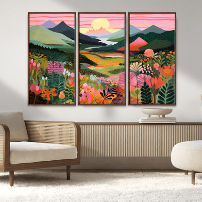 99638-MGV-FC-48X32-3P_Walnut-Sunset Meadow Wall Art – Panoramic Mountain Landscape with Wildflowers Canvas Print, Vibrant Nature Decor for Living Room, Bedroom