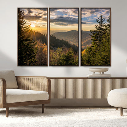 73692479-MGV-FC-48X32-3P_Walnut-Smoky Mountains Wall Art Canvas Print, Framed Forest Mountain Art Picture Print, Spring Mountain Perfect Spring Style Decor