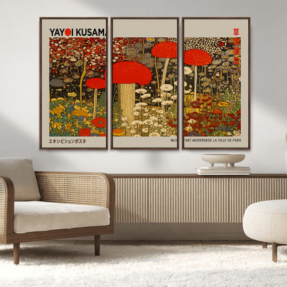 38013-MGV-FC-48X32-3P_Walnut-Yayoi Kusama Inspired Mushroom Garden Wall Art – Whimsical Botanical Canvas Print, Surreal Nature Poster, Fantasy Floral Artwork