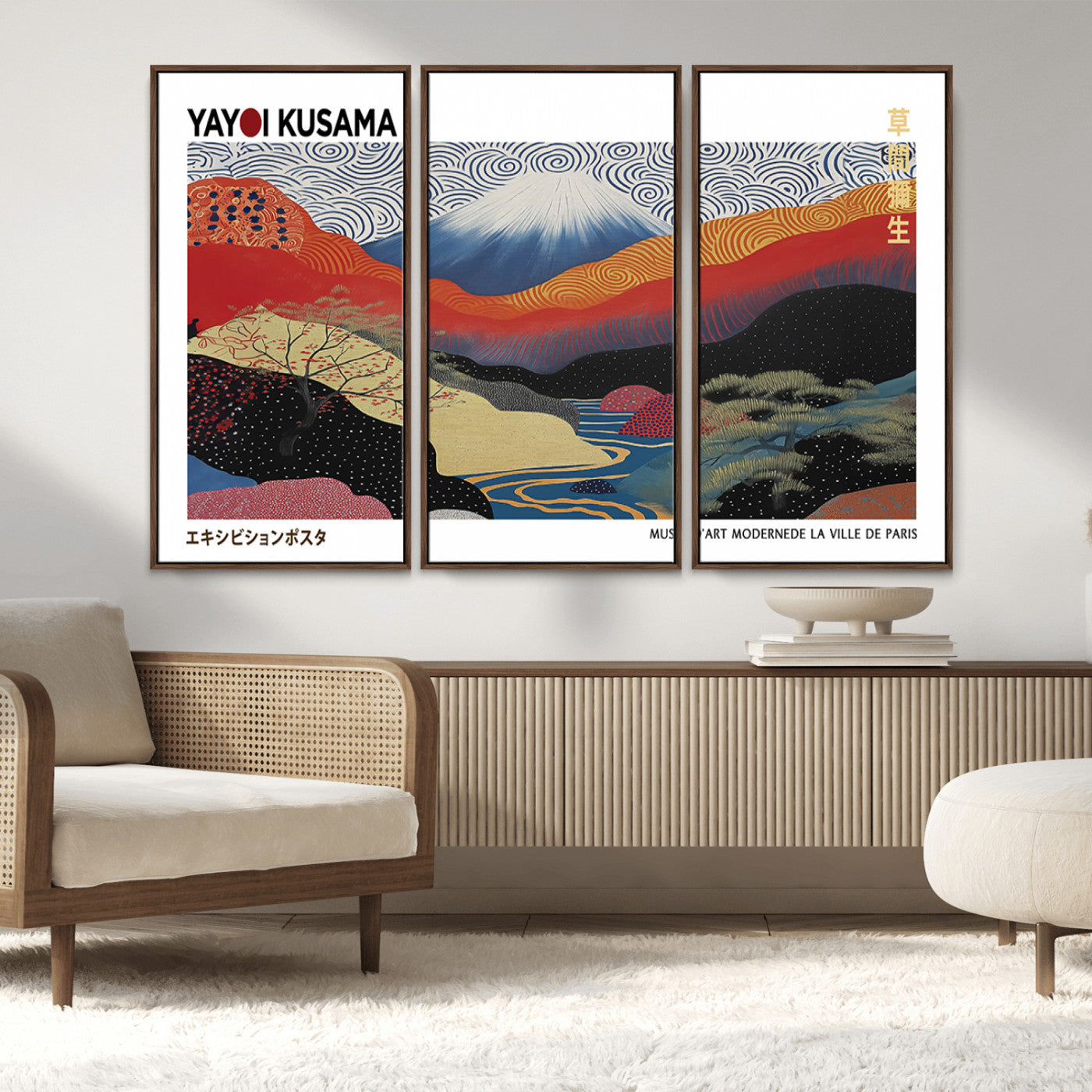 14839-MGV-FC-48X32-3P_Walnut-Yayoi Kusama Wall Art – Panoramic Mountain & River Canvas Print, Modern Abstract Japanese Landscape Decor for Living Room or