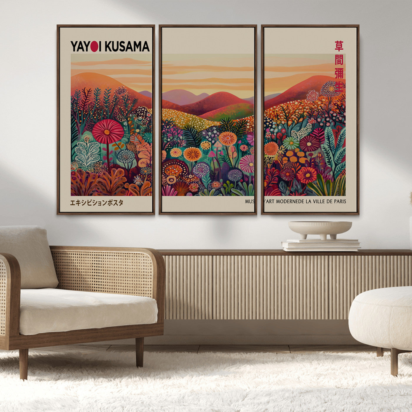 66096-MGV-FC-48X32-3P_Walnut-Yayoi Kusama Wall Art – Sunset Floral Landscape Canvas Print, Vibrant Flower Garden Panorama for Living Room, Bedroom or Office