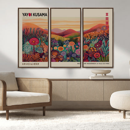 66096-MGV-FC-48X32-3P_Walnut-Yayoi Kusama Wall Art – Sunset Floral Landscape Canvas Print, Vibrant Flower Garden Panorama for Living Room, Bedroom or Office