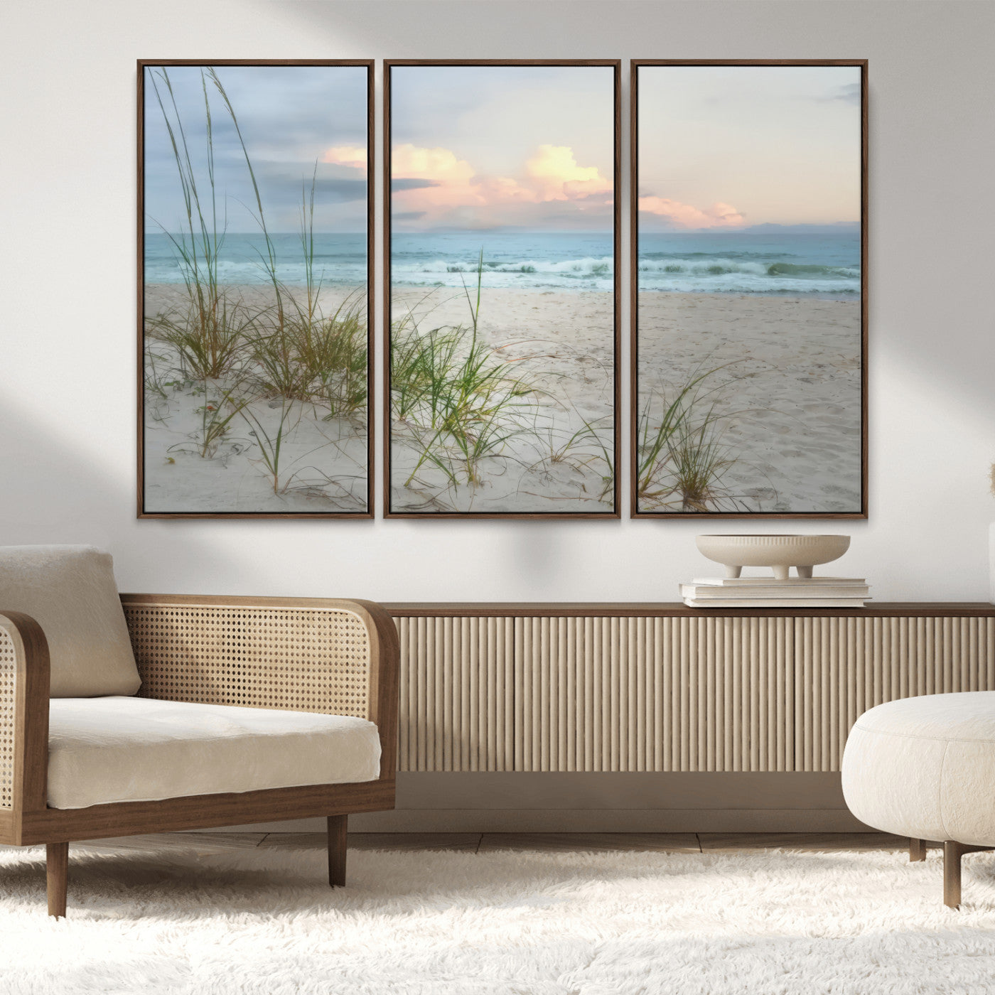 Test1001-MGV-FC-48X32-3P_Walnut-Coastal Beach Wall Art – Panoramic Ocean Waves and Sandy Dunes Canvas Print, Serene Seascape with Sea Oats for Relaxing Home or