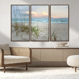 Test1001-MGV-FC-48X32-3P_Walnut-Coastal Beach Wall Art – Panoramic Ocean Waves and Sandy Dunes Canvas Print, Serene Seascape with Sea Oats for Relaxing Home or