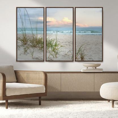 Test1001-MGV-FC-48X32-3P_Walnut-Coastal Beach Wall Art – Panoramic Ocean Waves and Sandy Dunes Canvas Print, Serene Seascape with Sea Oats for Relaxing Home or