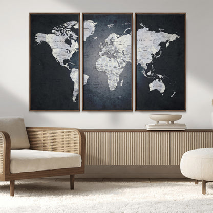 19124-MGV-FC-48X32-3P_Walnut-Modern World Map Wall Art – Black and White Canvas Print, Minimalist Global Map Decor for Office, Study, Bedroom or Living Room