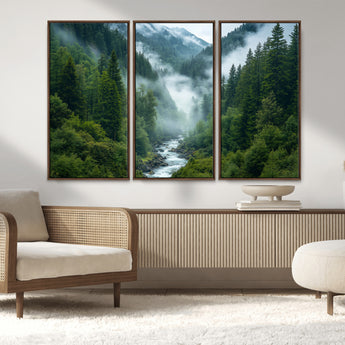 69453-MGV-FC-48X32-3P_Walnut-Mountain Forest Wall Art – Misty River and Evergreen Landscape Canvas Print, Nature Photography Poster for Living Room, Bedroom,