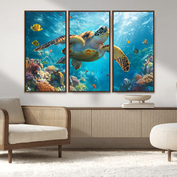 37623-MGV-CV-36X24-Sea Turtle Wall Art – Underwater Ocean Canvas Print with Coral Reef and Tropical Fish, Marine Life Painting Poster for Living