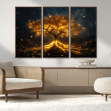 60194-MGV-FC-48X32-3P_Walnut-Glowing Tree Wall Art – Golden Roots Fantasy Canvas Print, Mystical Illuminated Tree Painting Poster for Living Room, Bedroom,