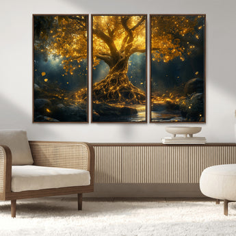 92739-MGV-CV-36X24-Glowing Tree Wall Art – Enchanted Golden Forest Canvas Print, Mystical Illuminated Nature Painting Poster for Living Room,