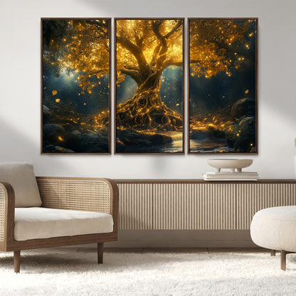 92739-MGV-CV-36X24-Glowing Tree Wall Art – Enchanted Golden Forest Canvas Print, Mystical Illuminated Nature Painting Poster for Living Room,