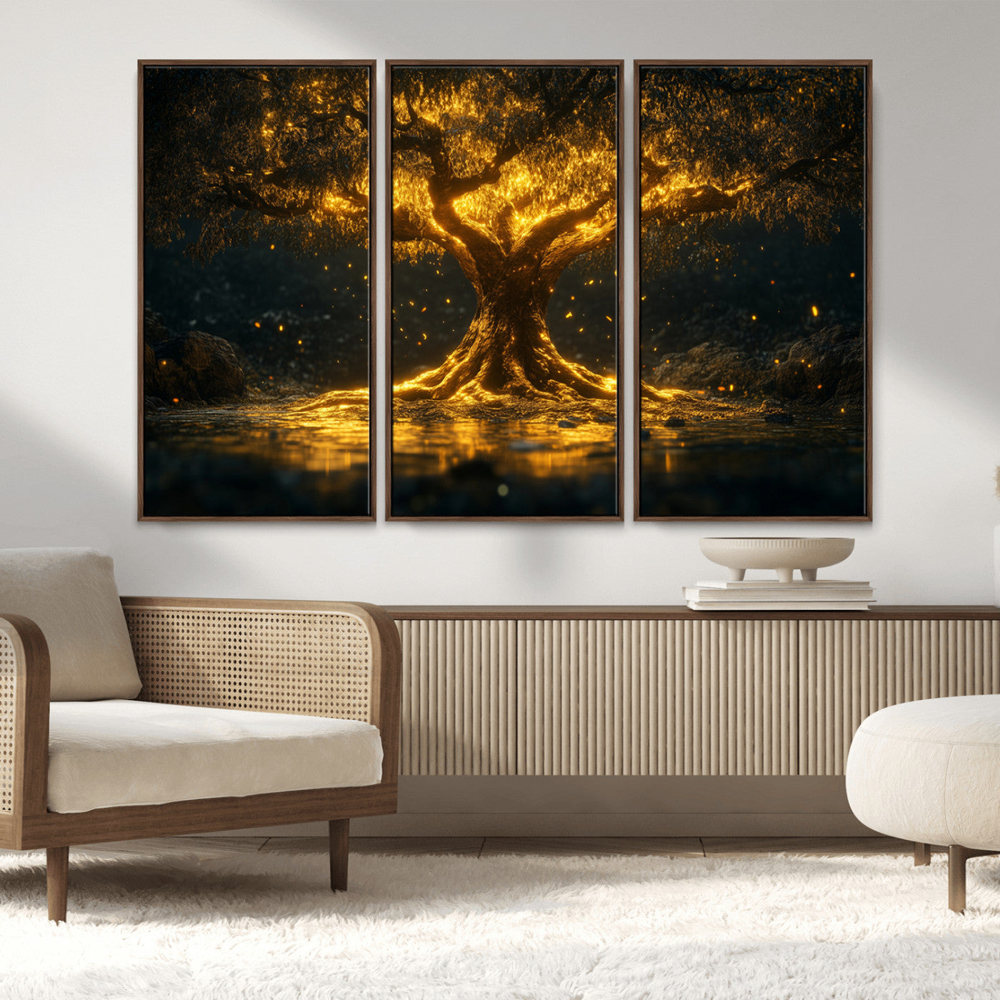59580-MGV-FC-48X32-3P_Walnut-Glowing Tree Wall Art – Golden Fantasy Nature Canvas Print, Mystical Illuminated Tree Painting Poster for Living Room, Bedroom,