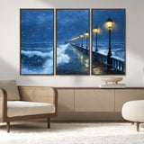 32668-MGV-FC-48X32-3P_Walnut-Stormy Pier Wall Art – Ocean Waves and Street Lamps Canvas Print, Rainy Night Seascape Oil Painting Poster for Living Room,