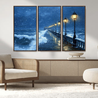 32668-MGV-FC-48X32-3P_Walnut-Stormy Pier Wall Art – Ocean Waves and Street Lamps Canvas Print, Rainy Night Seascape Oil Painting Poster for Living Room,