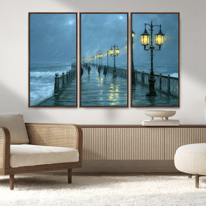 79606-MGV-CV-36X24-Rainy Pier Night Wall Art – Ocean Waves and Street Lamps Canvas Print, Moody Seascape Oil Painting Poster for Living Room,
