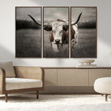 69238-MGV-FC-48X32-3P_Walnut-Longhorn Bull Wall Art – Rustic Black and White Texas Cattle Canvas Print, Western Farmhouse Animal Photography for Living Room,