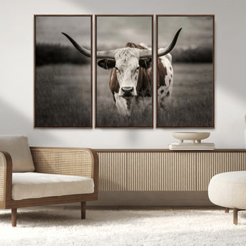 69238-MGV-FC-48X32-3P_Walnut-Longhorn Bull Wall Art – Rustic Black and White Texas Cattle Canvas Print, Western Farmhouse Animal Photography for Living Room,