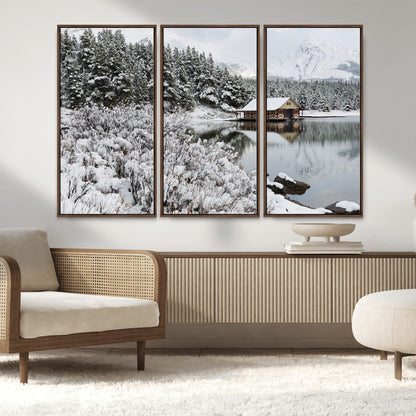 94285-MGV-CV-36X24-Snowy Cabin Wall Art Canvas Print, Framed Winter Cabin Art Picture Print, Mountain Lake Perfect Snowy Nature Decor Artwork
