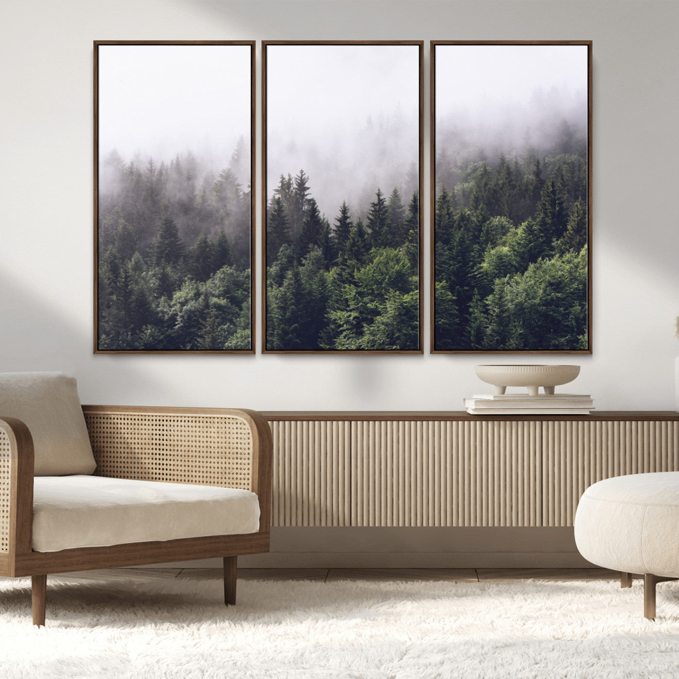 42578900-MGV-FC-48X32-3P_Walnut-Misty Pine Forest Wall Art – Tranquil Foggy Mountain Canvas Print, Nature Landscape Décor for Bedroom, Living Room, Cabin or