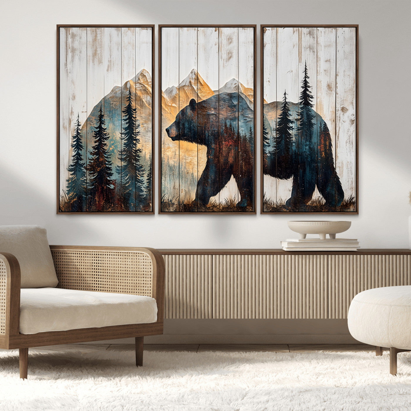 90077-MGV-CV-36X24-Wood Grizzly Bear Wall Art Canvas Print, Framed Abstract Bear Art Picture Print, Bear in Forest Perfect Rustic Lodge Decor Artwork