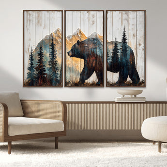 90077-MGV-CV-36X24-Wood Grizzly Bear Wall Art Canvas Print, Framed Abstract Bear Art Picture Print, Bear in Forest Perfect Rustic Lodge Decor Artwork