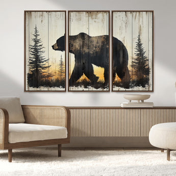 83875-MGV-CV-36X24-Sunset Bear Wall Art – Rustic Wildlife Canvas Print with Forest Silhouette, Cabin Lodge Decor for Living Room or Office