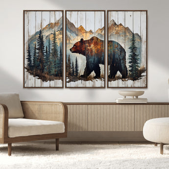55777-MGV-CV-36X24-Rustic Bear Wall Art Canvas Print, Framed Mountain and Forest Art Picture Print, Wooden Bear Perfect Rustic Lodge Decor Artwork