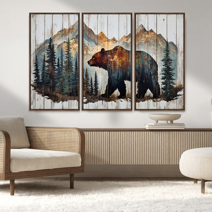 55777-MGV-CV-36X24-Rustic Bear Wall Art Canvas Print, Framed Mountain and Forest Art Picture Print, Wooden Bear Perfect Rustic Lodge Decor Artwork
