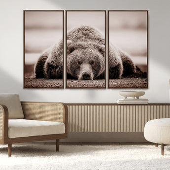 20611-MGV-FC-48X32-3P_Walnut-Grizzly Bear Wall Art – Majestic Wildlife Sepia Canvas Print, Rustic Nature Animal Artwork for Cabin, Lodge, Living Room, Bedroom,
