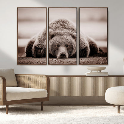 20611-MGV-FC-48X32-3P_Walnut-Grizzly Bear Wall Art – Majestic Wildlife Sepia Canvas Print, Rustic Nature Animal Artwork for Cabin, Lodge, Living Room, Bedroom,