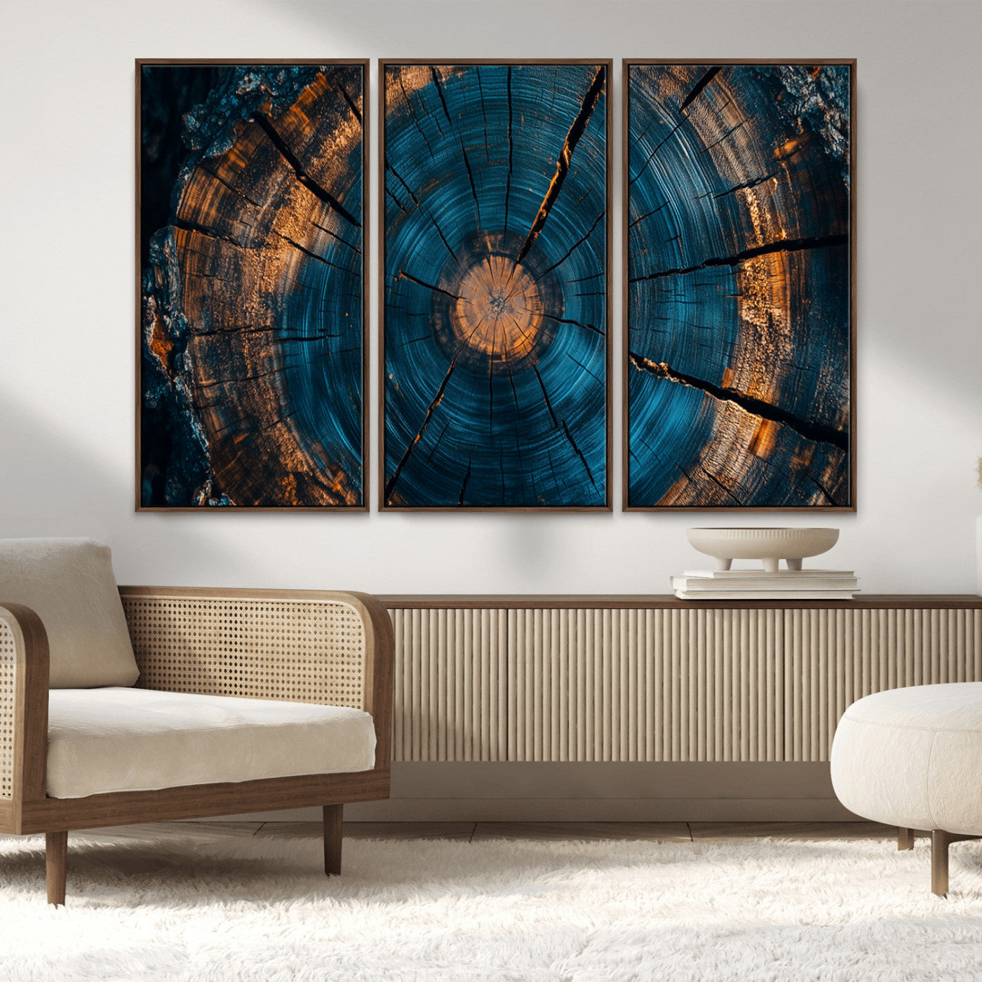 65231-MGV-FC-48X32-3P_Walnut-Blue and Gold Tree Ring Wall Art – Rustic Abstract Wood Slice Canvas Print, Modern Nature Inspired Artwork for Living Room,