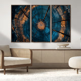 65231-MGV-FC-48X32-3P_Walnut-Blue and Gold Tree Ring Wall Art – Rustic Abstract Wood Slice Canvas Print, Modern Nature Inspired Artwork for Living Room,