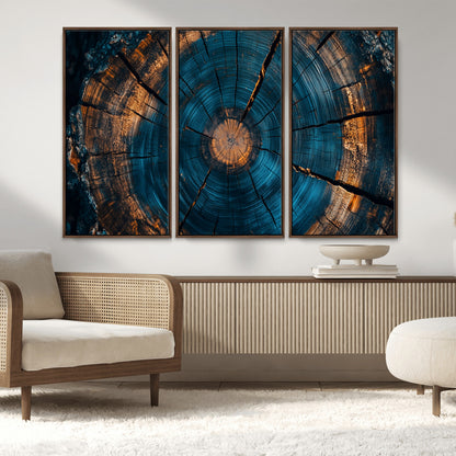 65231-MGV-FC-48X32-3P_Walnut-Blue and Gold Tree Ring Wall Art – Rustic Abstract Wood Slice Canvas Print, Modern Nature Inspired Artwork for Living Room,