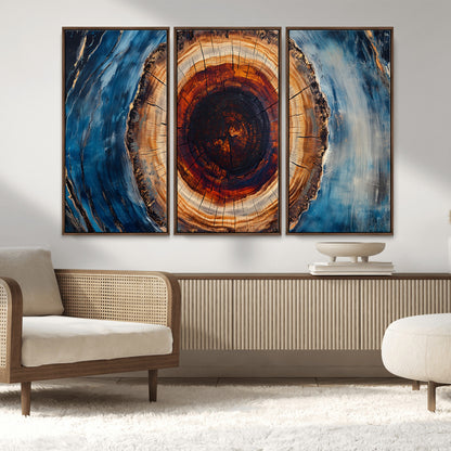 30457-MGV-FC-48X32-3P_Walnut-Tree Ring Abstract Wall Art – Blue and Brown Wood Grain Canvas Print, Modern Nature Inspired Painting for Rustic Living Room,