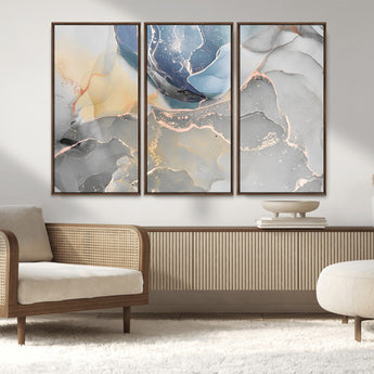 18176-MGV-CV-36X24-Abstract Fluid Wall Art – Modern Marble Ink Canvas Print with Blue, Gold, and Gray Tones, Contemporary Minimal Artwork Decor for