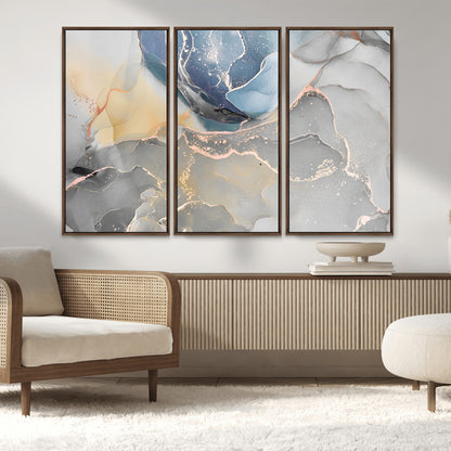 18176-MGV-CV-36X24-Abstract Fluid Wall Art – Modern Marble Ink Canvas Print with Blue, Gold, and Gray Tones, Contemporary Minimal Artwork Decor for