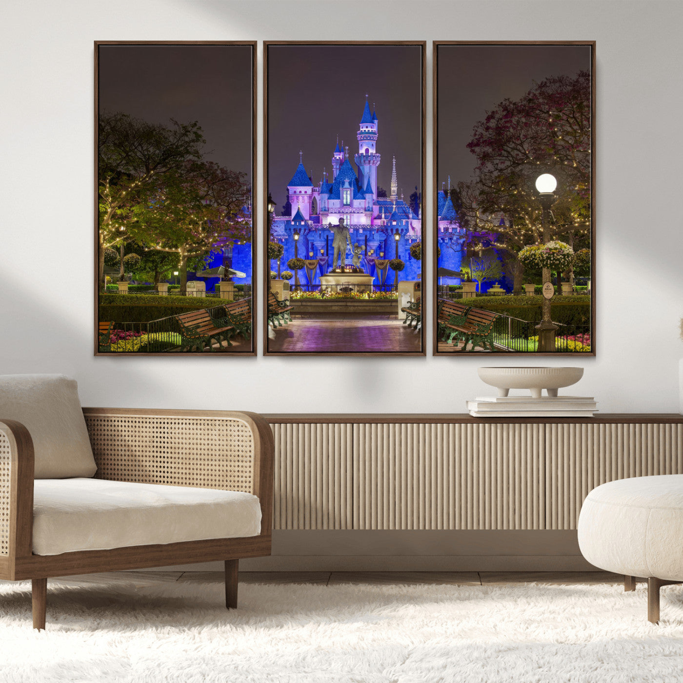 63560-MGV-FC-48X32-3P_Walnut-Fairy Tale Castle Wall Art – Magical Night Scene Canvas Print with Lights and Gardens, Fantasy Architecture Artwork for Living