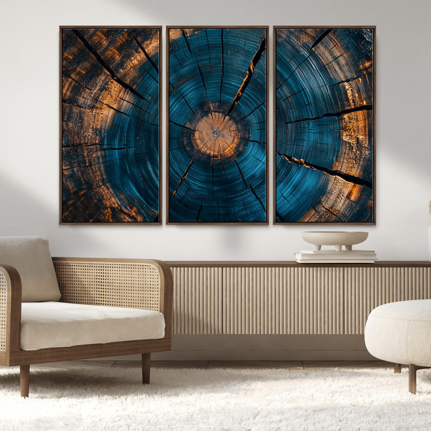 13398-MGV-CV-36X24-Tree Ring Wall Art – Abstract Wood Grain Canvas Print with Blue and Orange Accents, Rustic Nature Inspired Artwork for Living