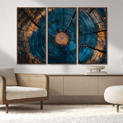 13398-MGV-CV-36X24-Tree Ring Wall Art – Abstract Wood Grain Canvas Print with Blue and Orange Accents, Rustic Nature Inspired Artwork for Living