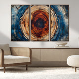 90395-MGV-FC-48X32-3P_Walnut-Tree Ring Wall Art – Abstract Wood Grain Canvas Print with Fiery Red and Blue Tones, Bold Rustic Nature Inspired Artwork Decor for